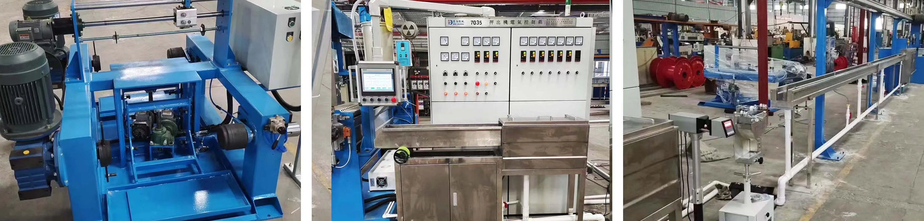 Three detailed views of a PVC Sheathed Extruder Production Line:
Left: Close - up of the extrusion unit’s drive system, featuring a blue metal frame, electric motor, and mechanical components. This highlights the power core that drives PVC sheathing extrusion.
Middle: Full view of the control station, showcasing a panel with a touchscreen, control buttons, and stainless - steel processing units. It illustrates the automated regulation of process parameters for the extrusion operation.
Right: Perspective of the downstream conveyor structure, displaying a long, industrial setup (e.g., cooling or traction section). This supports the continuous production of PVC - sheathed cables.