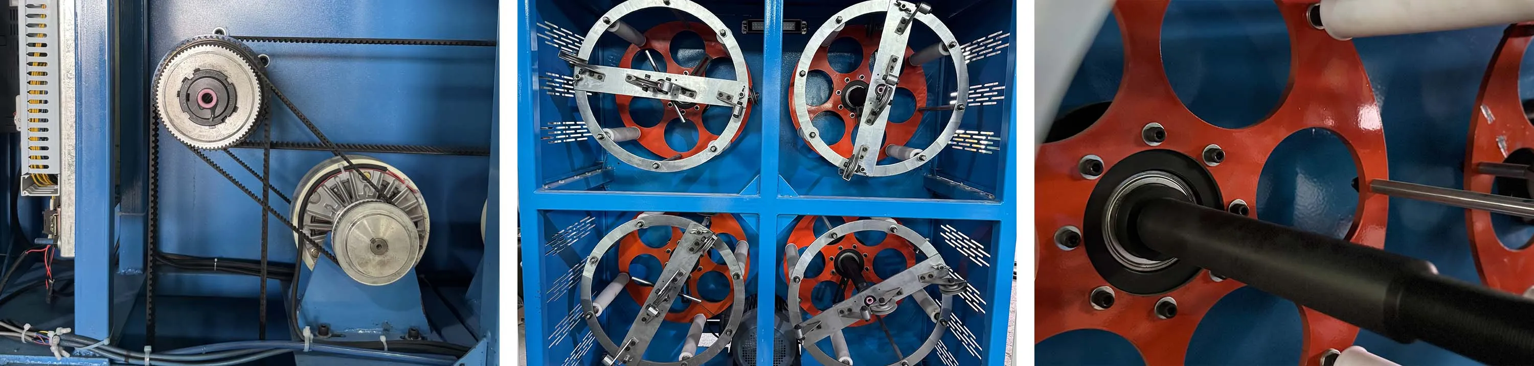 Three detailed views of a 4-Head Back-Twist Cabling Machine with Auto Tension Control:
Left: A side view of the drive system, featuring a blue metal frame, belt-driven gears, and a motor assembly, illustrating the power transmission for synchronized back-twisting.
Middle: A top-down view of the four-head layout within a blue enclosure, showcasing symmetric spool carriers with red-accented components, designed for auto-tension control during cabling.
Right: A close-up of a single spool carrier, highlighting a red perforated rotating disk and a central shaft with a bearing system, emphasizing precision mechanical design for stable wire payoff.