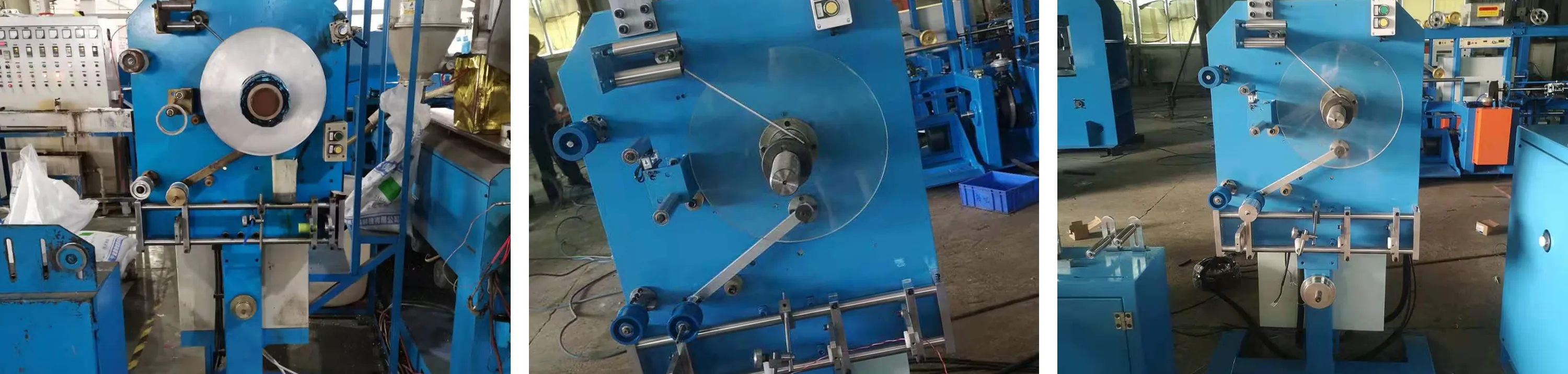 Three detailed views of a Single Head Longitudinal Wrapping/Lapping Machine:
Left: A side view showcasing the machine’s blue metal frame, a large wrapping reel, and wire - guiding rollers that direct the cable through the longitudinal lapping process.
Middle: A close - up of the wrapping zone, highlighting the cable’s path through the central reel, mechanical adjustment arms, and precision - aligned components for stable longitudinal wrapping.
Right: An opposite - side view displaying the complete blue structure, hints of the drive assembly, and the machine’s industrial setup for longitudinal cable sheathing operations.