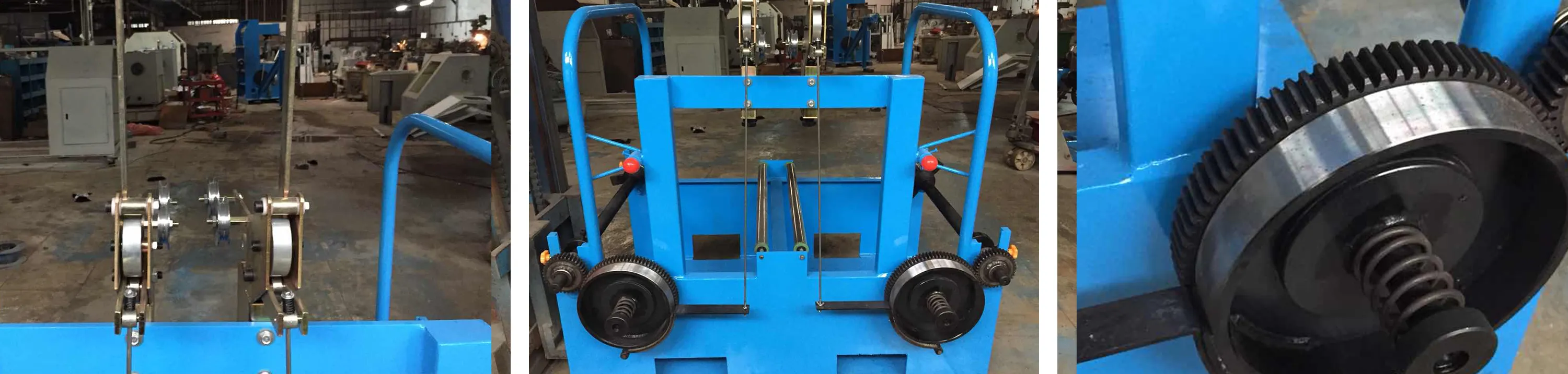 Three detailed views of a double - shaft wire extrusion pay - off cable layer machine:
Left: A side - angle view of the machine’s wire - guiding section, showcasing a blue metal frame with two precision wire guide rollers directing wires through the pay - off system, set against an industrial workshop background.
Middle: The dual - shaft core structure, featuring a blue frame, two black drive rollers, red adjustment knobs, and aligned wires ready for pay - off and cable layering operations.
Right: A close - up of the machine’s geared mechanism, highlighting a metallic gear and a black spring component that enable torque control in the drive system.
