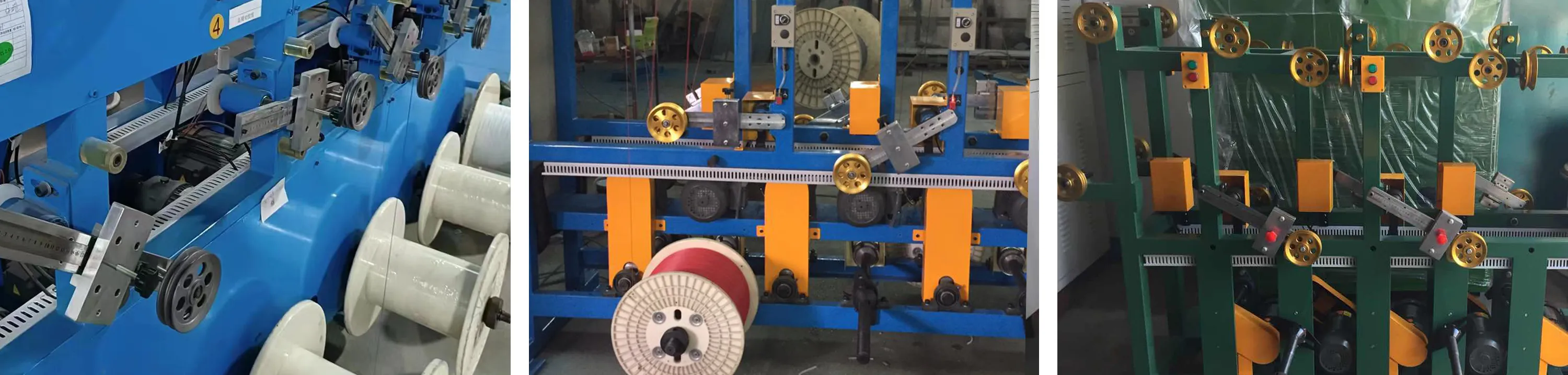 Three detailed views of a motorized shaft - type multi - position tension payoff machine:
Left: A side - angle view of the machine, featuring a blue metal frame. Multiple white wire spools are mounted on shafts, and mechanical arms with tension - controlling wheels are also visible, showing the spool installation and initial tension regulation setup.
Middle: A front - facing view that highlights the machine’s structured multi - station layout. It has blue and yellow structural components, gold guide wheels, and a red wire spool positioned for the pay - off operation, demonstrating the organized arrangement for simultaneous wire feeding.
Right: A close - up of a green - framed section. Gold guide wheels, black mechanical tension - control parts, and indicator lights are shown, emphasizing the precision tension - regulating mechanism at work.
