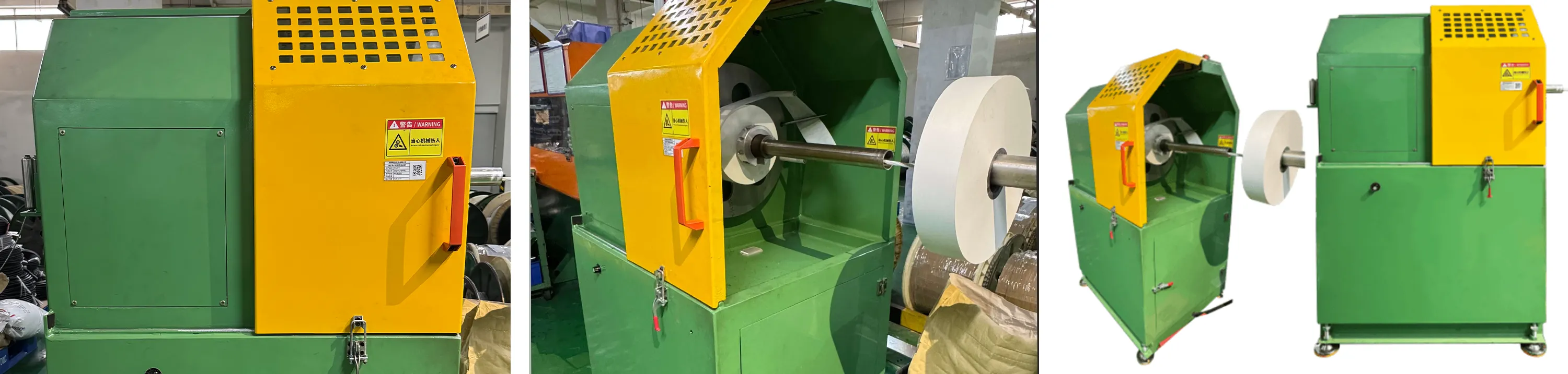 Three detailed views of a Precision Bobbin - Sleeve Taping Head Unit:
Left: A side view showcasing the unit’s green metal frame and yellow protective enclosure, complete with a caution label and an orange operation handle, emphasizing its robust structural design.
Middle: A front - facing view with the enclosure opened, revealing a white bobbin mounted on the shaft and the internal taping mechanism, illustrating the precision - engineered setup for bobbin - sleeve taping.
Right: An angled view displaying two modular units (one with a bobbin installed, the other empty), highlighting the compact layout and interchangeable design for efficient taping operations.