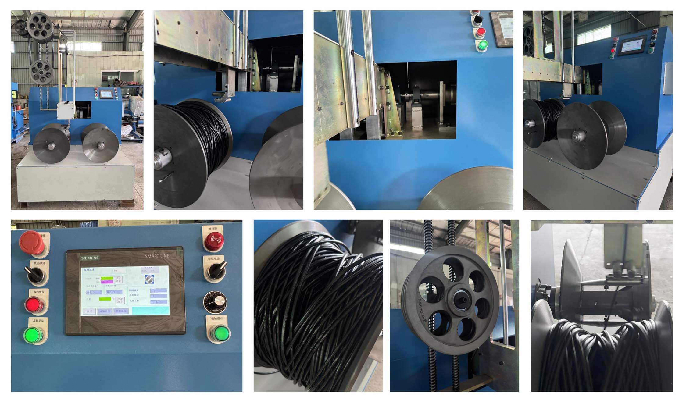 Eight detailed views of a PLC-Controlled Figure-8 Coiling Machine:  
- **Top-left**: Full - view of the blue - framed machine featuring dual spools, presenting its industrial design tailored for figure - 8 cable winding.  
- **Top-middle**: Close - up of a black cable spool installed on the machine, highlighting the precision winding mechanism.  
- **Top-right**: Angled perspective focusing on the machine’s internal structure and spool alignment, emphasizing engineering precision for figure - 8 patterns.  
- **Upper-right**: Side view showcasing the digital touchscreen control panel, illustrating PLC - driven automation.  
- **Bottom-left**: Detailed shot of the Siemens touchscreen interface and control buttons (emergency stop, switches), demonstrating user - friendly operation.  
- **Bottom-middle**: Extreme close - up of tightly wound black cable formed into a figure - 8 pattern, highlighting the machine’s winding quality.  
- **Bottom-right (left)**: Close - up of a metallic drive wheel, emphasizing the mechanical transmission system powering the coiling process.  
- **Bottom-right (right)**: Detailed view of the cable feeding mechanism, showcasing smooth material handling during figure - 8 coiling.