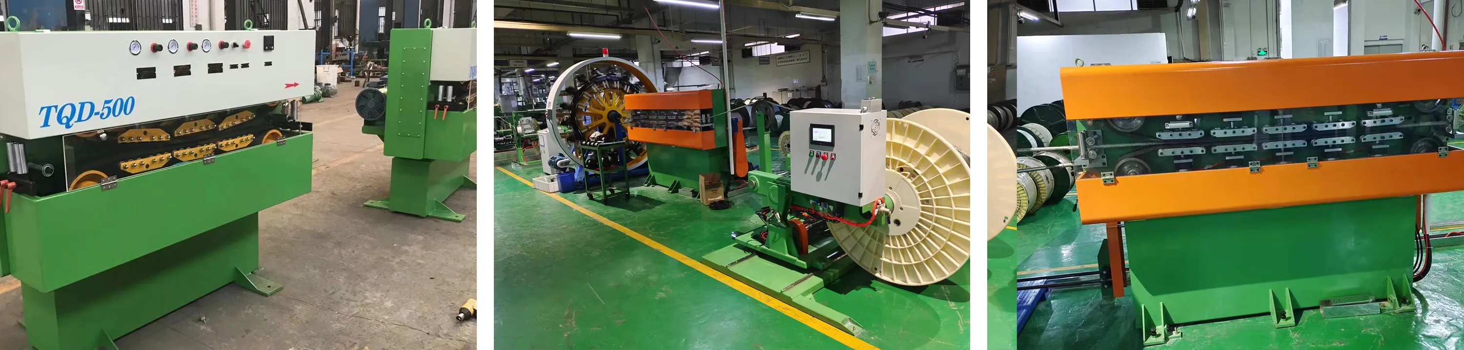 Three detailed views of a CRAWLER CABLE HAULING TRACTOR (Model TQD - 500):
Left: Full - view of the green metal - framed machine labeled “TQD - 500”, showcasing its crawler - based traction structure on the side, designed for industrial cable - hauling operations.
Middle: Operational layout in a factory setting, with the tractor integrated with a large cable reel. It highlights the machine’s role in automated cable - pulling processes within cable manufacturing workflows.
Right: Top - down perspective focusing on the orange - accented traction module, green frame, and internal crawler mechanisms, emphasizing the precision - engineered design for stable cable hauling.