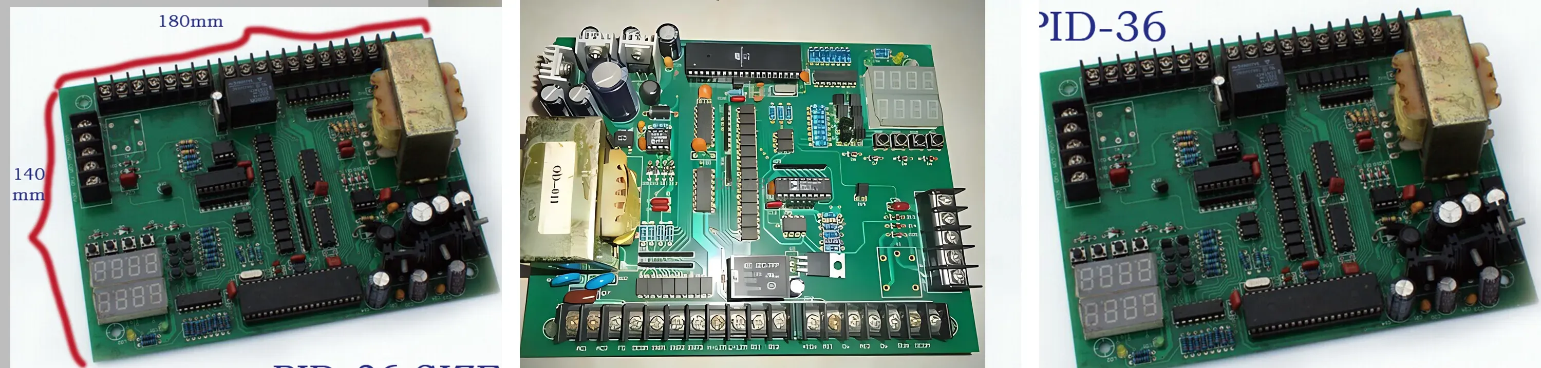 Three detailed views of a PID-36 VFD Control Board:
Left: Full - view of the green printed circuit board (PCB) with red - marked dimensions (180mm × 140mm). It displays a digital readout, a transformer, integrated circuits (ICs), and terminal pins, emphasizing the board’s overall layout and physical size.
Middle: A close - up of the component - side of the PCB. It highlights densely packed circuitry, including capacitors, resistors, a microcontroller, and solder joints, illustrating the precision - engineered electronics that enable variable frequency drive (VFD) control.
Right: An angled view that focuses on the “PID - 36” label, the digital display, and key power and control components. This reinforces the board’s identity as a specialized control module for variable frequency drives.