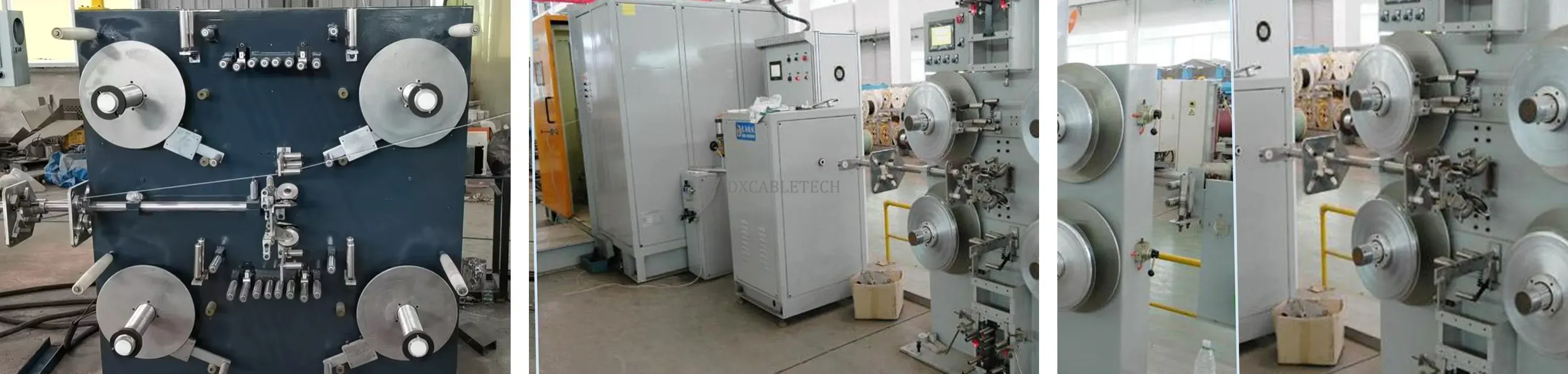 Three detailed views of a Four-Head Magnetic Particle Longitudinal Tape Wrapping Machine:
Left: Close-up of the four-head tape-wrapping assembly, featuring a dark panel with symmetrically arranged metallic guide rollers and wire paths, highlighting the magnetic particle-controlled longitudinal wrapping mechanism.
Middle: Full view of the machine system, showcasing a gray control cabinet, magnetic particle braking unit, and integrated industrial layout, illustrating the complete tape-wrapping setup with automated control.
Right: Angled view of the four-head structure, emphasizing symmetric guide rollers, mechanical adjustment arms, and the precision-engineered design for stable longitudinal tape application.