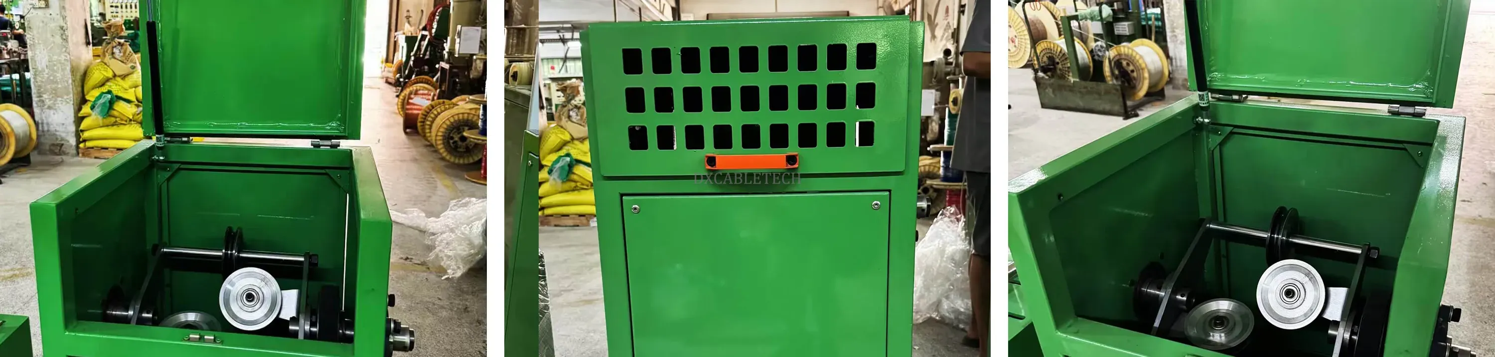 Three detailed views of a 630 High - Speed Adjustable Pre - Twister:
Left: An interior view with the green enclosure opened, revealing the pre - twisting roller assembly. This highlights the mechanical structure that is designed for high - speed and adjustable pre - twisting operations.
Middle: A front view of the machine, showcasing a green metal casing equipped with ventilation grilles and an orange handle. This emphasizes the industrial design and the protective enclosure.
Right: An angled interior view that focuses on the pre - twisting roller and the mounting shaft. It illustrates the precision mechanical design that enables the adjustable pre - twist functionality.
