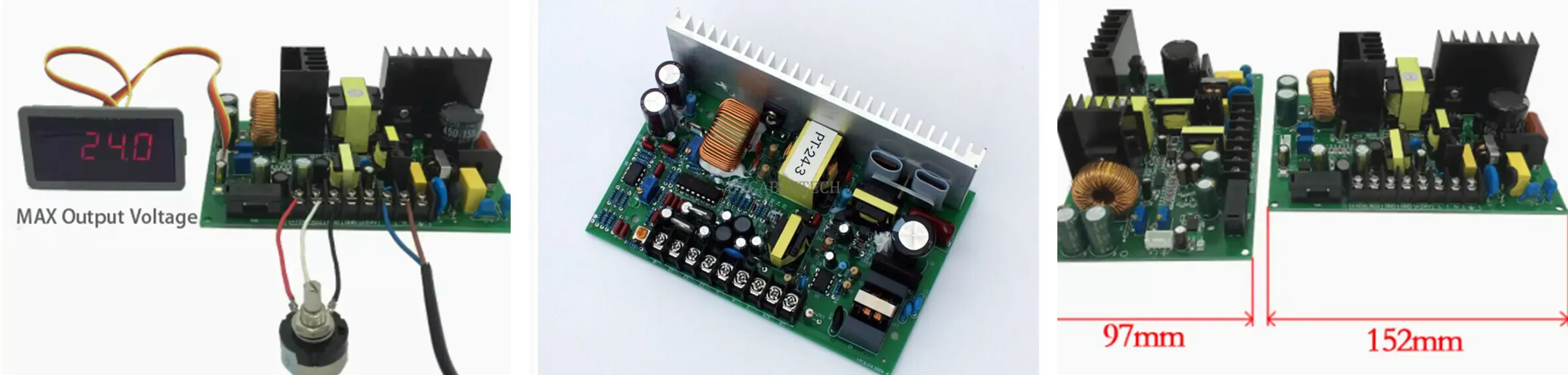 Three detailed views of the PT-24-3 Precision Tension Controller for Cable Machinery:
Left: A full - view of the controller featuring a digital display (showing 