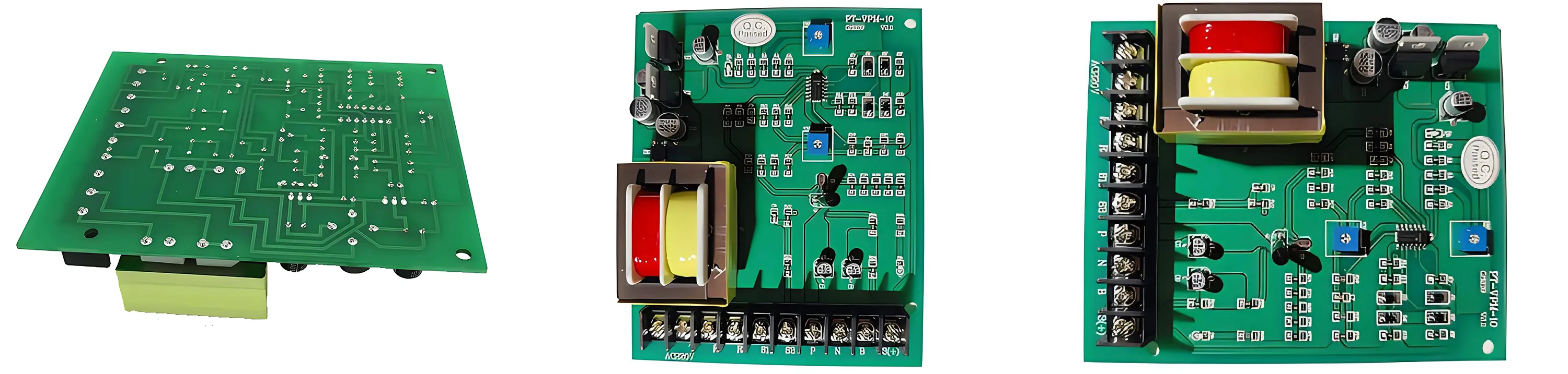 Three detailed views of a PT-24V Tension Control Board:
Left: Full view of the green printed circuit board (PCB), displaying the overall layout with soldered components (including a yellow - cased transformer) and visible circuit traces.
Middle: Close - up of the PCB’s component side, highlighting a transformer (with red/yellow windings), capacitors, resistors, and terminal blocks, illustrating the structured circuit design.
Right: Extreme close - up focusing on the transformer’s dual - colored windings (red/yellow), adjacent electronic components, and precise solder joints, emphasizing the board’s detailed engineering.