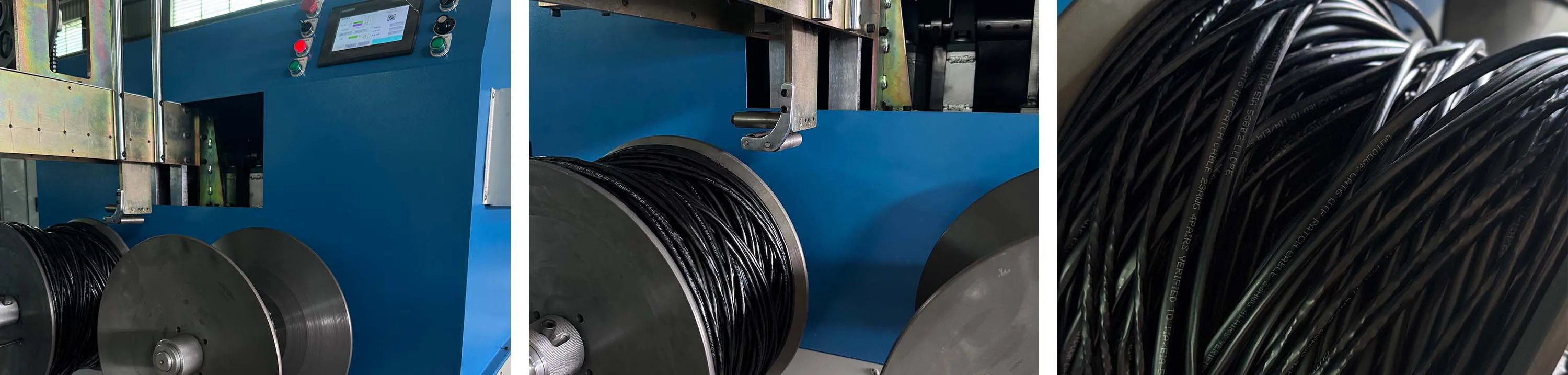 Three detailed views of an AUTOMATIC 8 CROSS DOUBLE HEADS COILING MACHINE:
Left: A full - view shot presenting the machine’s blue metal frame, a digital control panel (with a touchscreen and operation buttons), and two parallel coiling spools. This highlights the automated dual - station setup designed for 8 - cross winding.
Middle: A close - up of the coiling process, showcasing a mechanical wire - guiding mechanism directing black cables onto a spool. It demonstrates the precision control over the 8 - cross winding pattern.
Right: An extreme close - up of the finished product, displaying tightly twisted black cables formed into an 8 - cross structure. This emphasizes the machine’s capability to produce uniform and well - structured coils.