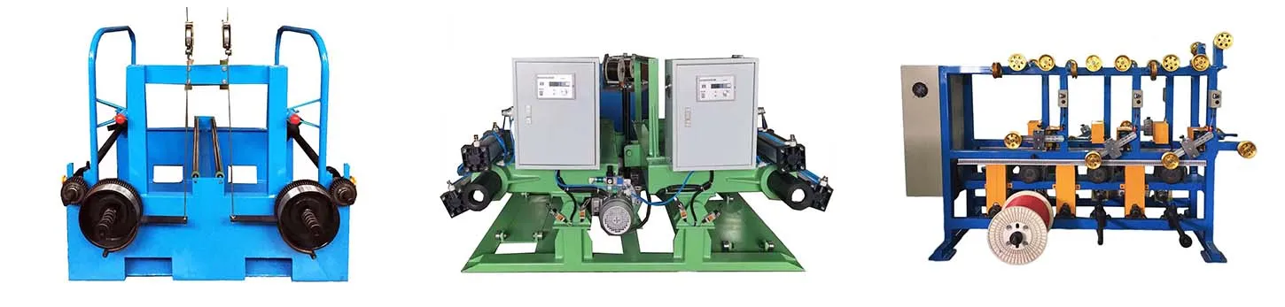 Three industrial wire pay-off systems:
Left: Blue Double Shaft Wire Extrusion Pay - Off, highlighting a symmetrical dual - shaft structure that ensures stable wire unwinding during the extrusion process.
Middle: Green Dual - Station Shaftless Pay - Off Stand, equipped with control cabinets, a pneumatic gauge, and a shaftless design, enabling flexible wire feeding operations.
Right: Blue Multi - Position Tension Payoff, featuring multiple wire spools and tension - control mechanisms, which support synchronized and regulated wire unwinding.