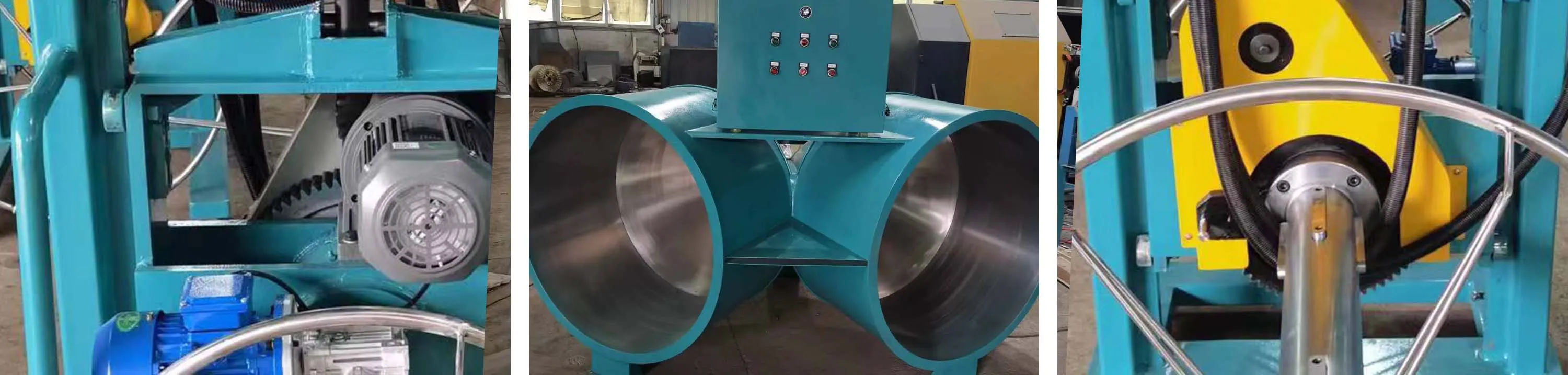 Three detailed views of a Dual Cone Flyer Payoff Machine (Stainless Steel):
Left: A close - up of the drive system. It showcases a teal - colored metal frame, an electric drive motor, and geared transmission components, highlighting the power - transmission mechanism.
Middle: A front - facing view of the dual stainless - steel cones. There is a control panel mounted above, emphasizing the machine’s symmetric pay - off structure and corrosion - resistant material.
Right: A close - up of the manual adjustment handwheel and shaft assembly. It features a metallic handwheel, mechanical linkage, and yellow - accented components, illustrating the precision control design.