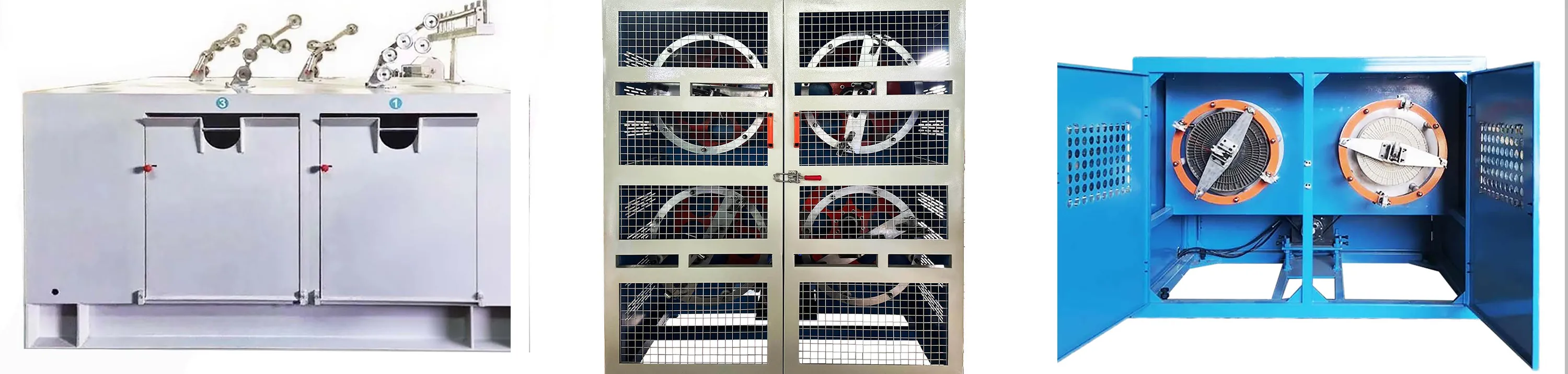 Three detailed views of backtwist machines:  
- **Left**: A gray dual - station backtwist machine featuring wire - guiding assemblies on top, presenting a streamlined design for synchronized backtwisting tasks.  
- **Middle**: A multi - spool backtwist machine enclosed by a metal mesh guard, emphasizing safety protection and high - volume wire processing potential.  
- **Right**: An open - cabinet perspective of a blue dual - station backtwist machine, revealing orange - ringed twisting mechanisms, highlighting precision - engineered components for efficient backtwist control.